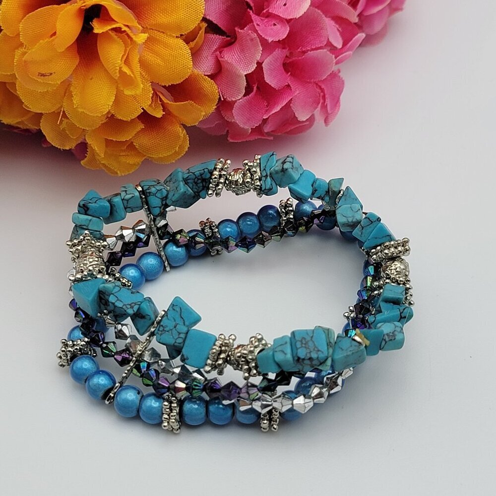 Silver Tone Blue Turquoise Crystal Stretch Bracelet 7 in Boho